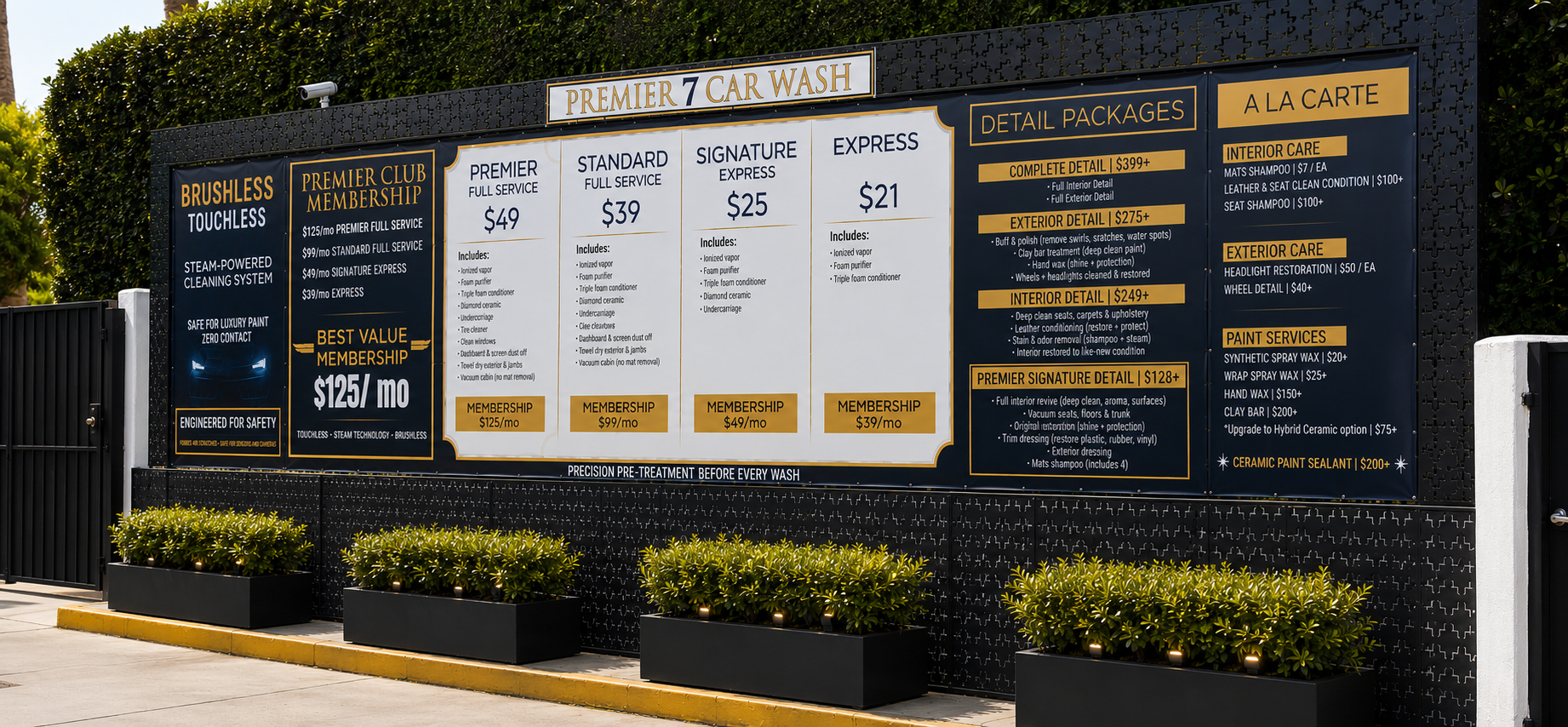 Premier 7 Car Wash real service and membership menu wall in Newport Beach