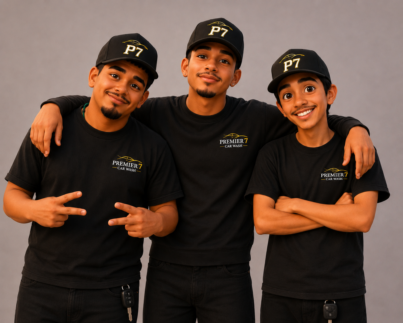 Diego, Alex, and Angel wearing coordinated Premier 7 uniforms