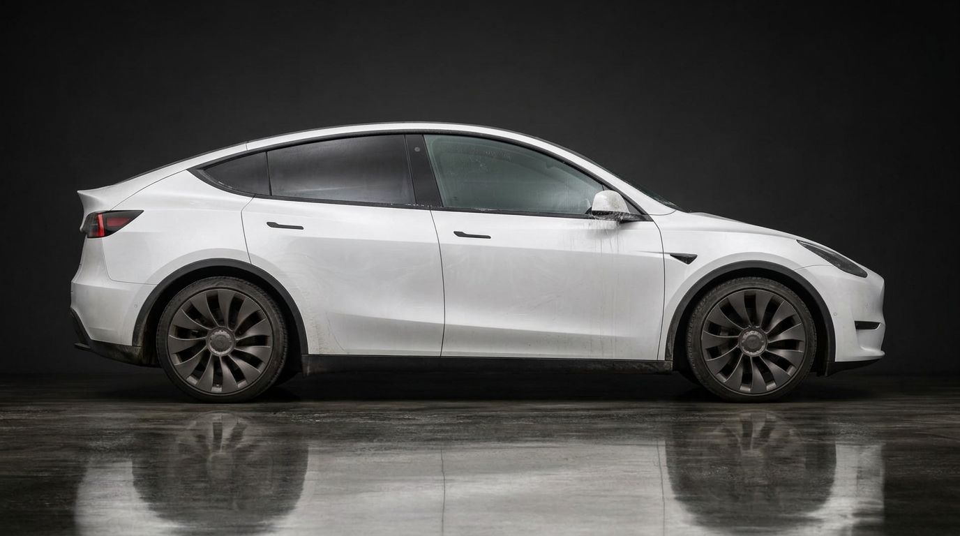 Tesla after a traditional brush car wash — subtle swirl marks and residue