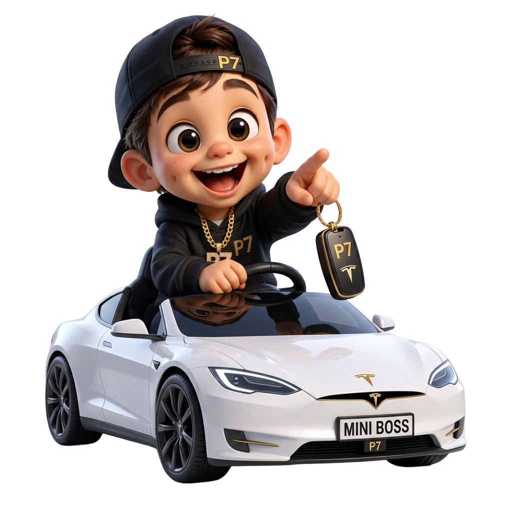 P7 Jr — The Mini Boss, Premier 7 mascot in his Tesla