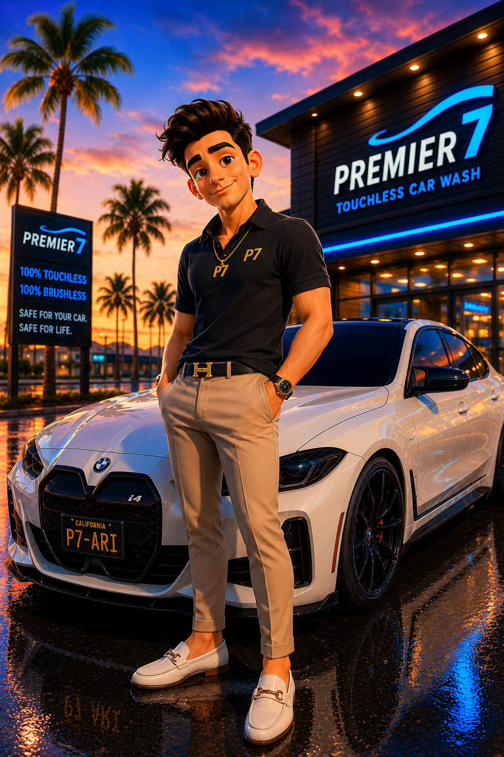 OCD Ari (Ari Gholami), Marketing Director at Premier 7, in a blue P7 polo beside his Alpine White 2026 BMW i4