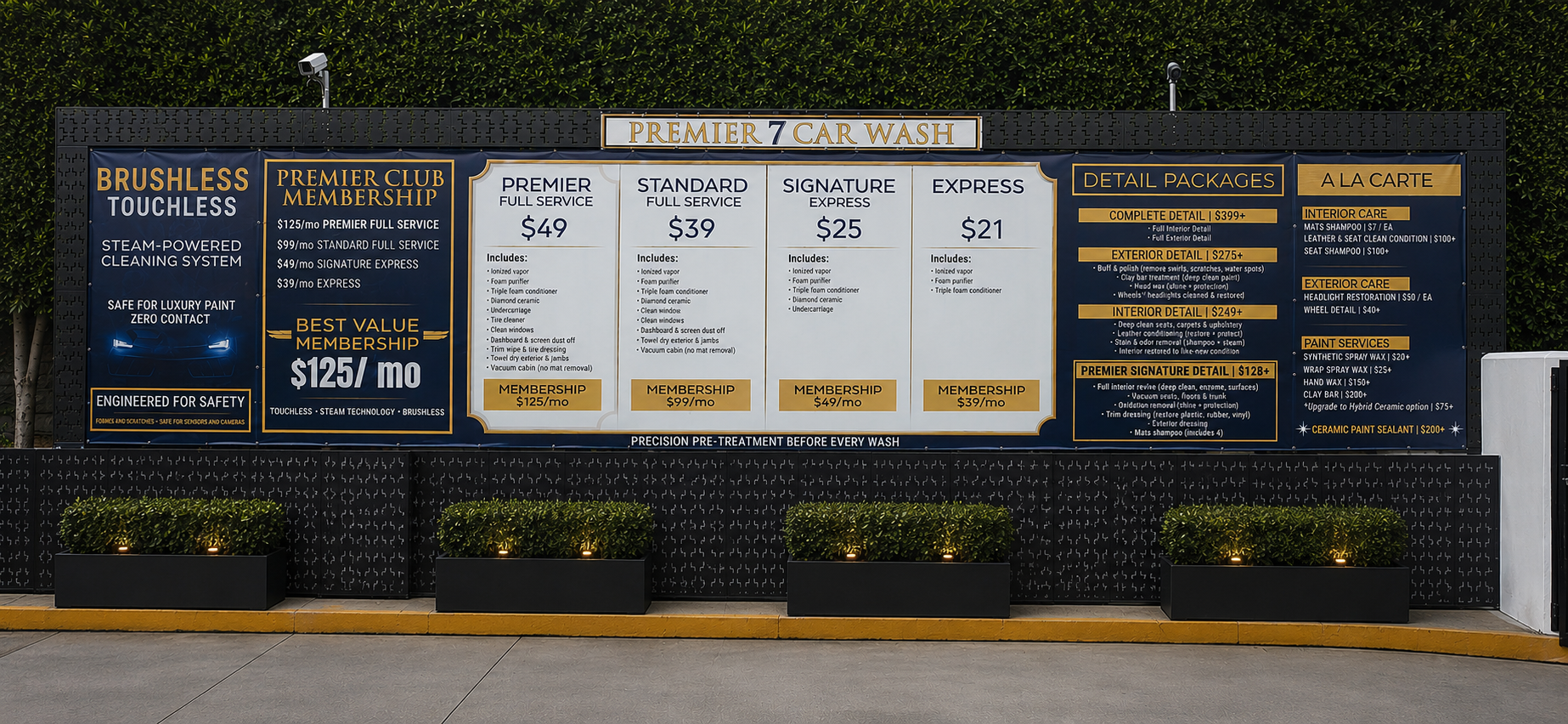 Premier 7 Car Wash real service and membership menu wall in Newport Beach