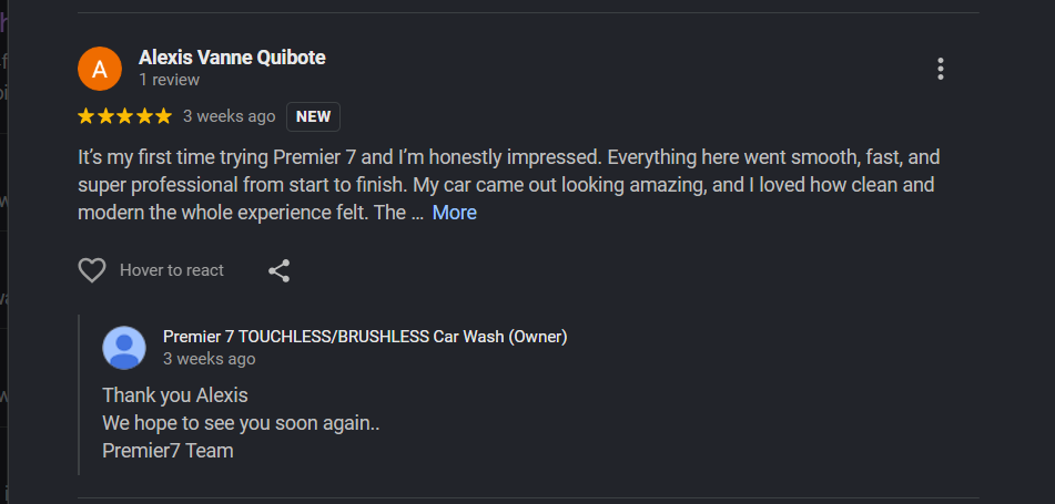 Google review from Alexis Vanne Quibote for Premier 7 Car Wash Newport Beach