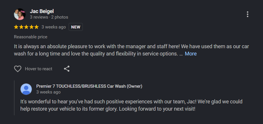 Google review from Jac Beigel for Premier 7 Car Wash Newport Beach