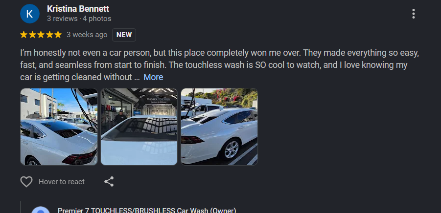 Google review from Kristina Bennett for Premier 7 Car Wash Newport Beach