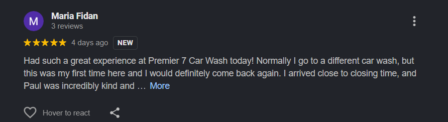 Google review from Maria Fidan for Premier 7 Car Wash Newport Beach