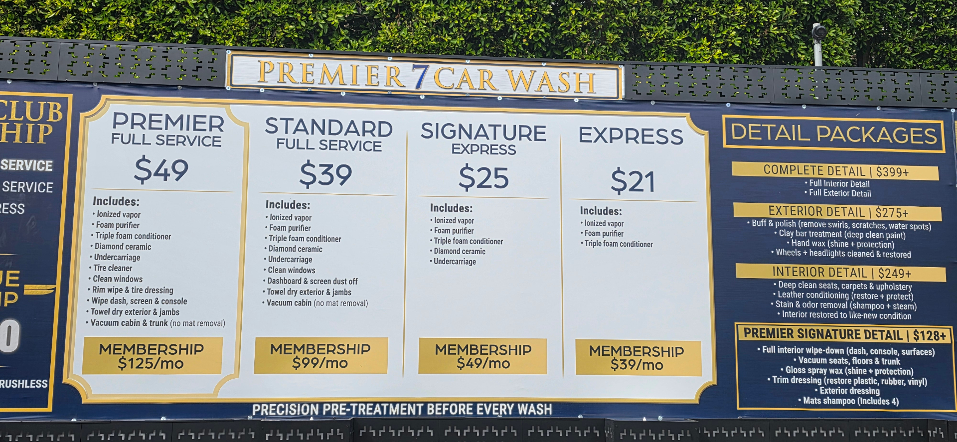 Premier 7 wash packages: Premier $49, Standard $39, Signature $25, Express $21