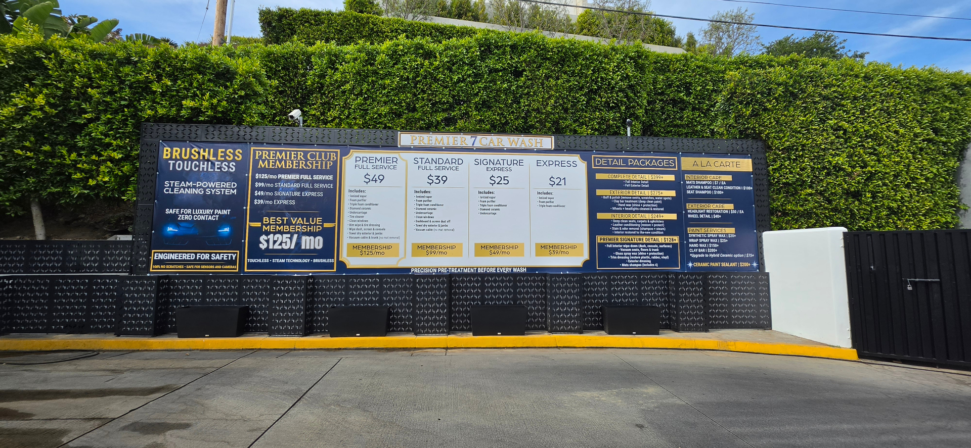 Premier 7 Car Wash full menu wall in Newport Beach showing wash and detail packages