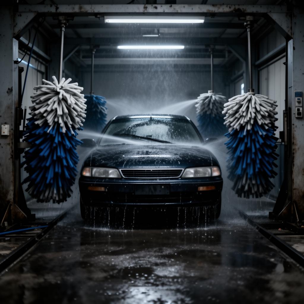 Traditional automatic car wash with spinning brushes