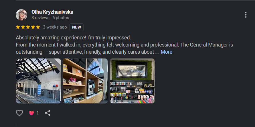 Google review from Olha Kryzhanivska for Premier 7 Car Wash Newport Beach