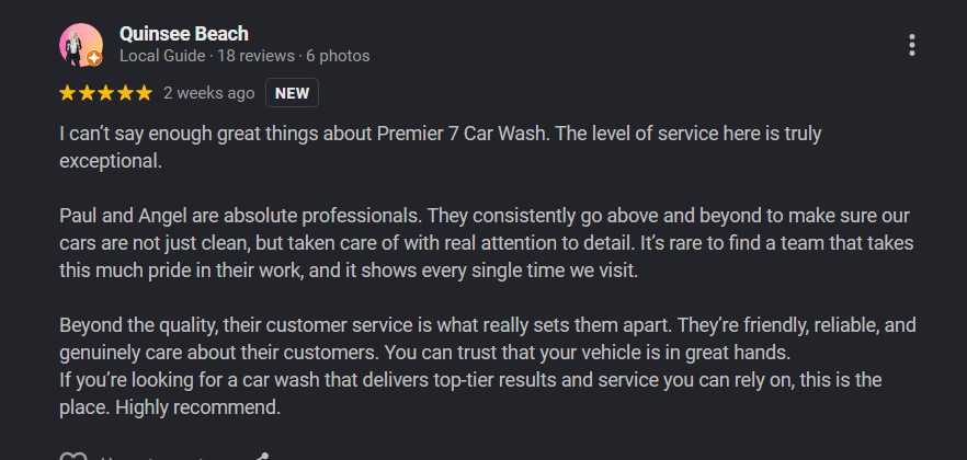 Google review from Quinsee Beach for Premier 7 Car Wash Newport Beach