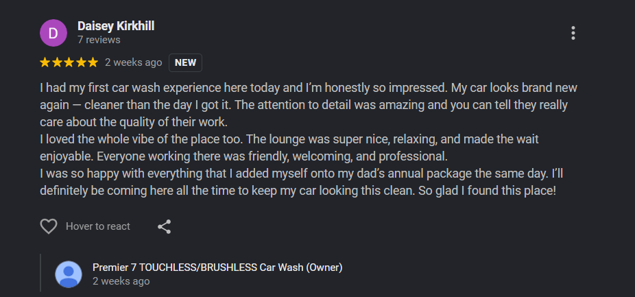 Google review from Daisey Kirkhill for Premier 7 Car Wash Newport Beach