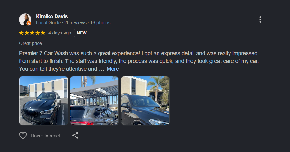 Kimiko Davis review of Premier 7 Car Wash Newport Beach