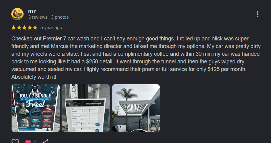 M R review of Premier 7 Car Wash Newport Beach