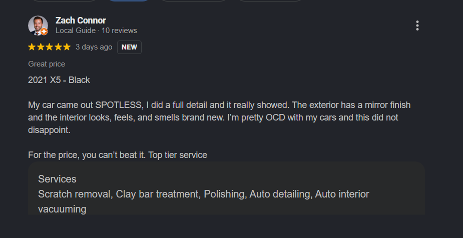 Zach Connor review of Premier 7 Car Wash Newport Beach