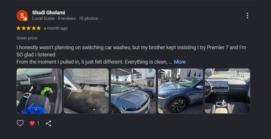 Google review from Shadi Gholami for Premier 7 Car Wash Newport Beach
